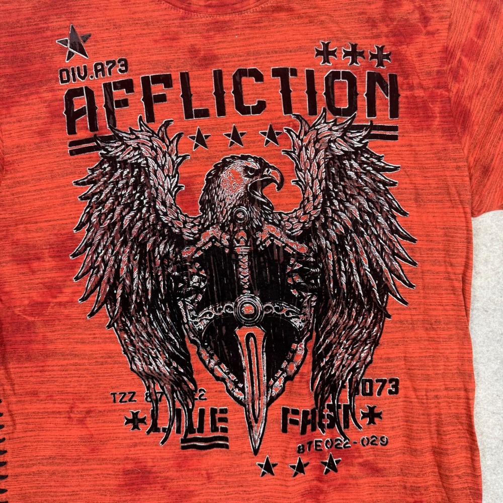 Y2K Affliction T Shirt Large 21.5x28.5 Live Fast Eagle Side Stirch Red Burnout